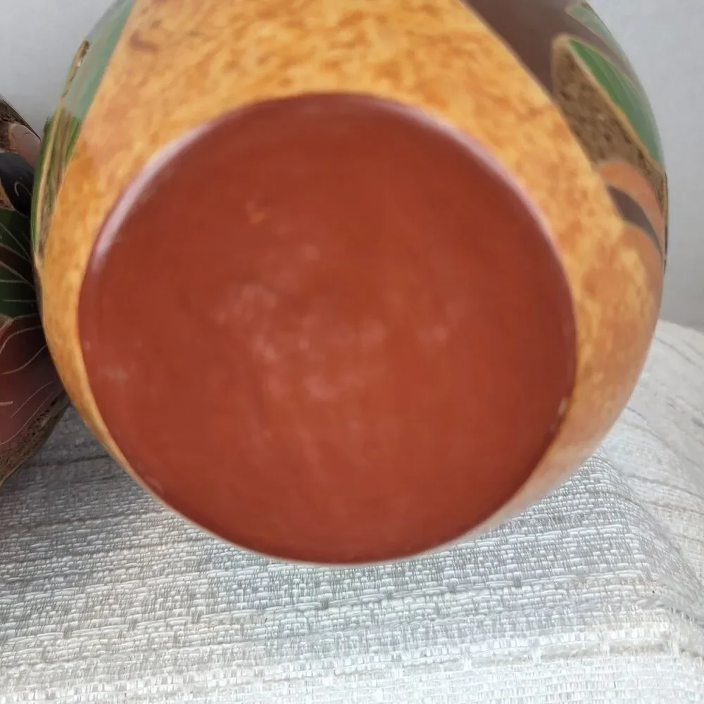 Costa Rica Folk Art Pottery Vase Hand Painted Carved Toucans & Parrots Pair 7